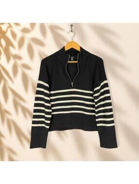 DKNY Sweater Pullover Women M Medium Black Striped Zipper Knit Long Sleeve Rayon